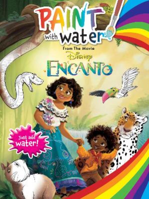 Colorful Disney Encanto paint with water book featuring Mirabel and family, includes paint palette for creative fun.