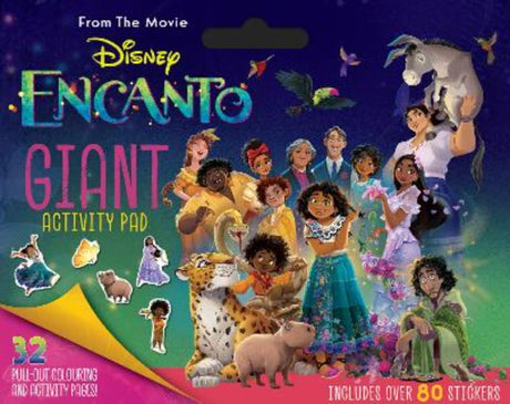 Disney's Encanto Giant Activity Pad featuring 32 oversized pages of puzzles, coloring, and 80+ colorful stickers.