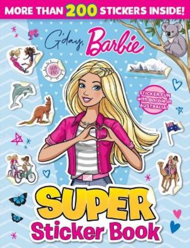 Colorful sticker book featuring Barbie's Australian adventure with engaging activities for young fans aged 4 to 8.