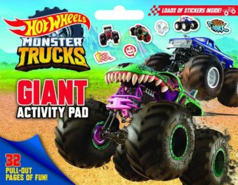 Hot Wheels Monster Trucks Giant Activity Pad featuring 30+ pages of engaging activities, stickers, and a convenient carry-handle.