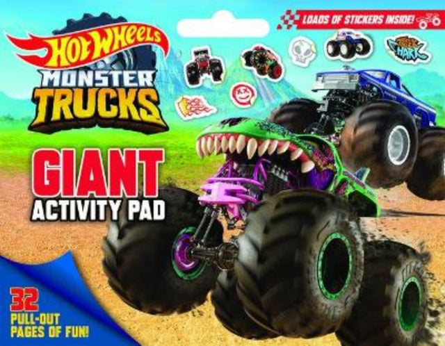 Hot Wheels Monster Trucks Giant Activity Pad featuring 30+ pages of engaging activities, stickers, and a convenient carry-handle.