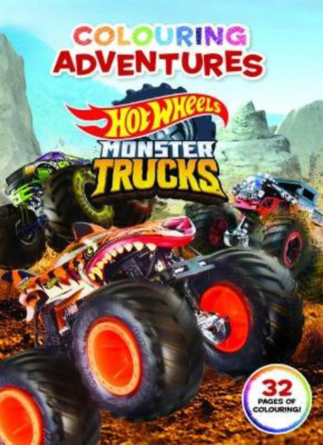 Vibrant activity book featuring 48 pages for kids to color iconic Hot Wheels Monster Trucks, fostering creativity and fine motor skills.