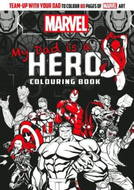 An adult colouring book featuring Marvel heroes, perfect for creative bonding with dad, offering 80 pages of intricate illustrations.