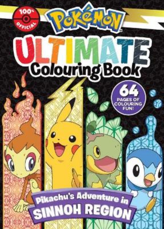 Coloring book featuring beloved Sinnoh Pokémon like Pikachu, Chimchar, and Piplup, designed for young artists aged 5 and up.