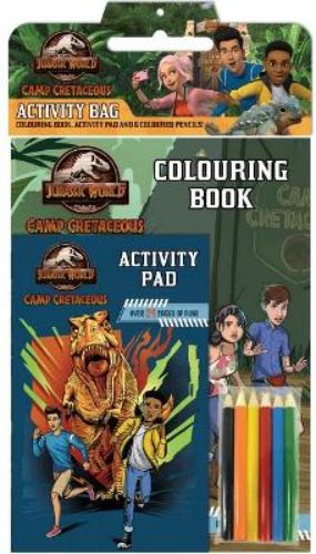 Jurassic World Camp Cretaceous Activity Bag with coloring book, puzzle pad, and vibrant pencils for kids' creative adventures.