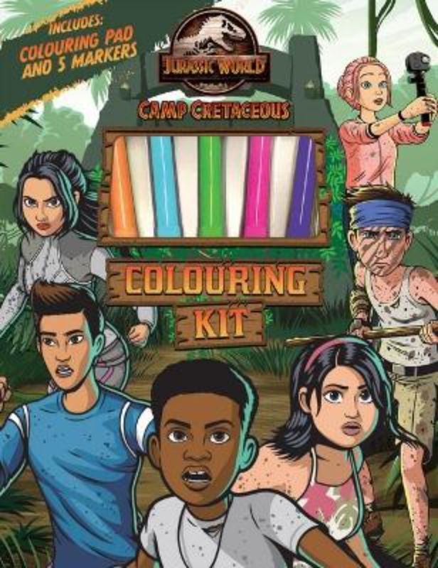 Colouring kit featuring Jurassic World Camp Cretaceous characters, includes 48 pages and five markers for creative fun.