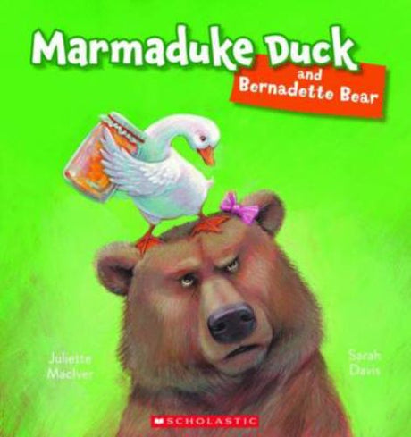 Cover of "Marmaduke Duck and Bernadette Bear," showcasing vibrant illustrations of Marmaduke's marmalade shop and Bernadette's honey shop.