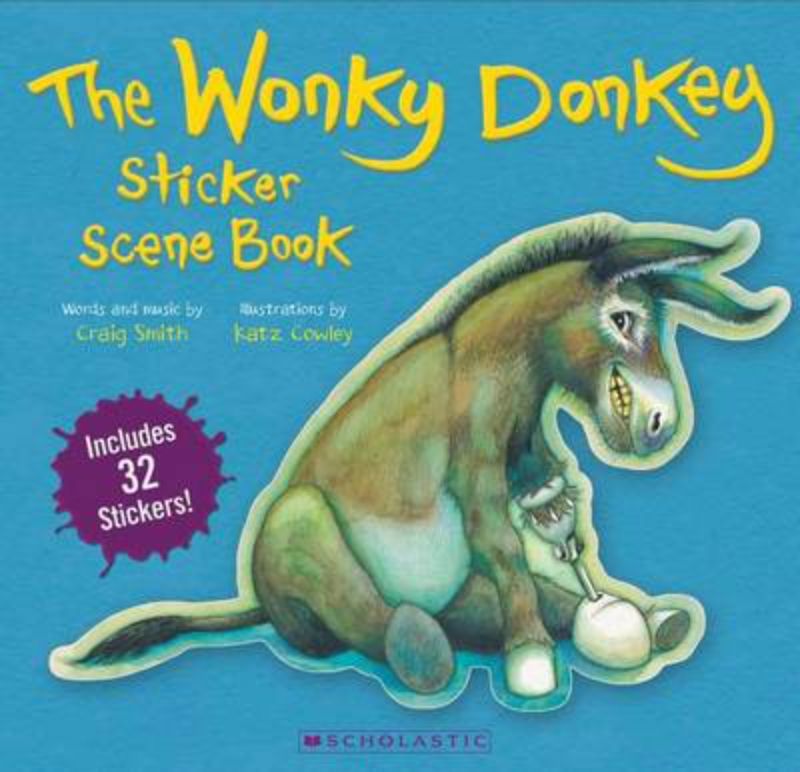 Colorful sticker scene book featuring 12 pages and 32 reusable stickers for interactive storytelling with Wonky Donkey.