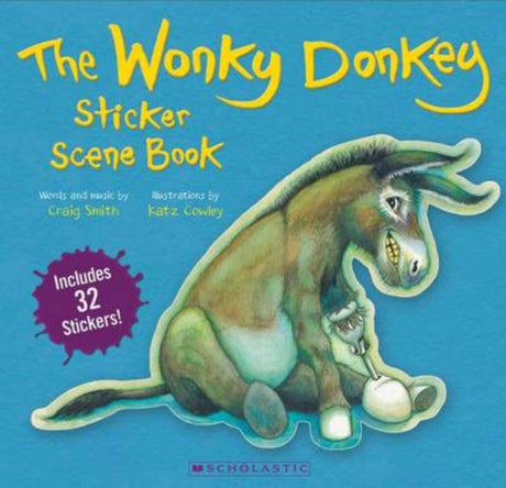 Colorful sticker scene book featuring 12 pages and 32 reusable stickers for interactive storytelling with Wonky Donkey.