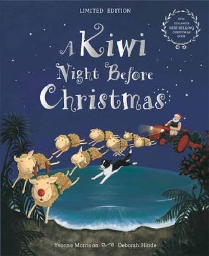 Children's hardback book celebrating a Kiwi Christmas with Santa in shorts on a tractor pulled by flying sheep.
