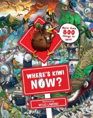 Colorful hardback book 'Where's Kiwi NOW?' showcases Kiwi's time-travel adventures with vibrant illustrations for kids aged 3-7.