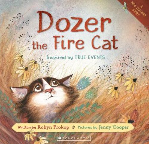 Illustrated cover of 'Dozer the Fire Cat', a children's book about a brave cat during the Pigeon Valley fire disaster.