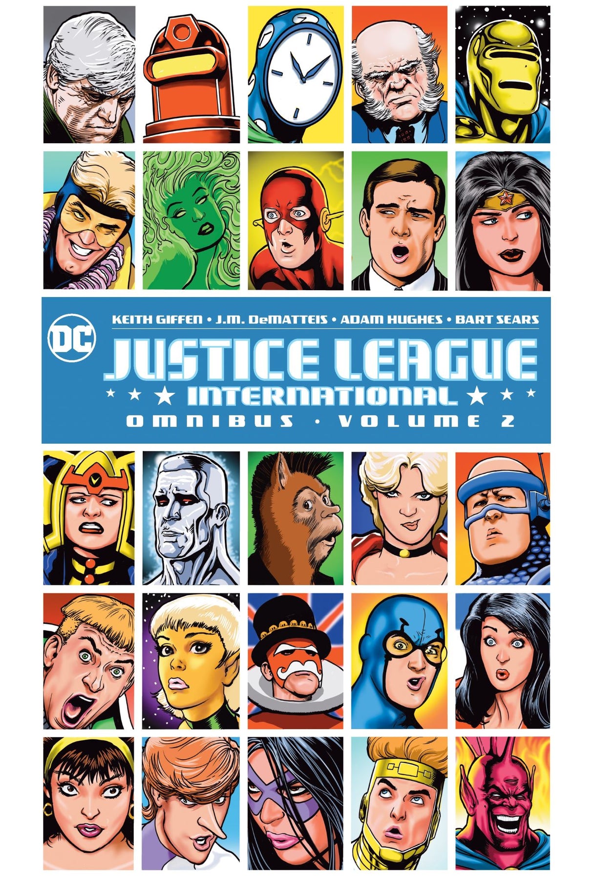 Hardcover collection of Justice League International Vol. 2, featuring Batman and other heroes' satirical adventures from 1987-1996.