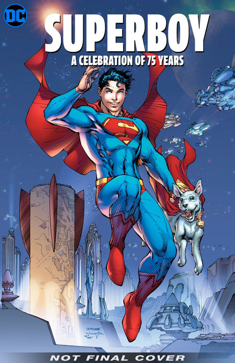 Hardcover book celebrating 75 years of Superboy, featuring iconic adventures and stunning illustrations by renowned artists.