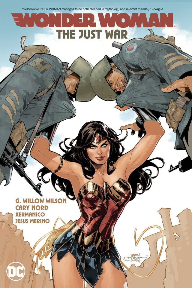 Graphic novel cover of Wonder Woman Vol. 1: The Just War, featuring Diana confronting Ares amidst themes of justice and conflict.