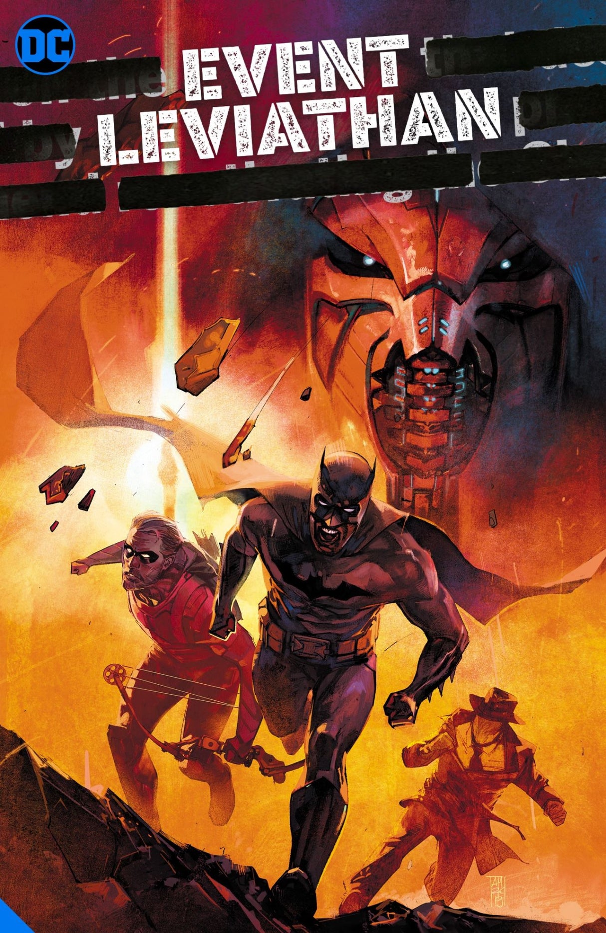 "Event Leviathan graphic novel cover featuring Batman, Robin, and other heroes amid chaos and intrigue in the DC Universe."