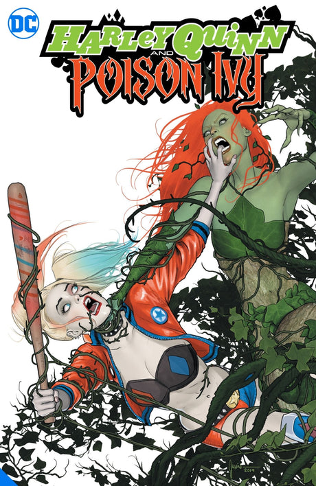 Graphic novel cover featuring Harley Quinn and Poison Ivy in Gotham City, showcasing their adventurous bond and chaos-filled journey.