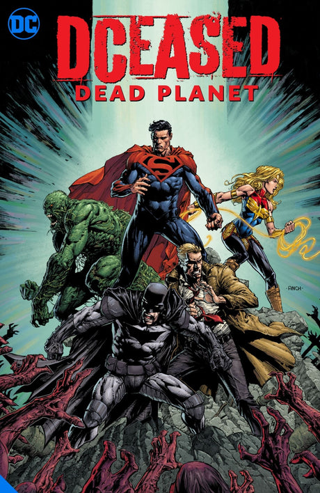 Graphic novel cover of DCeased: Dead Planet featuring heroes Damian Wayne, Jon Kent, and Cassie Sandsmark on a desolate Earth.