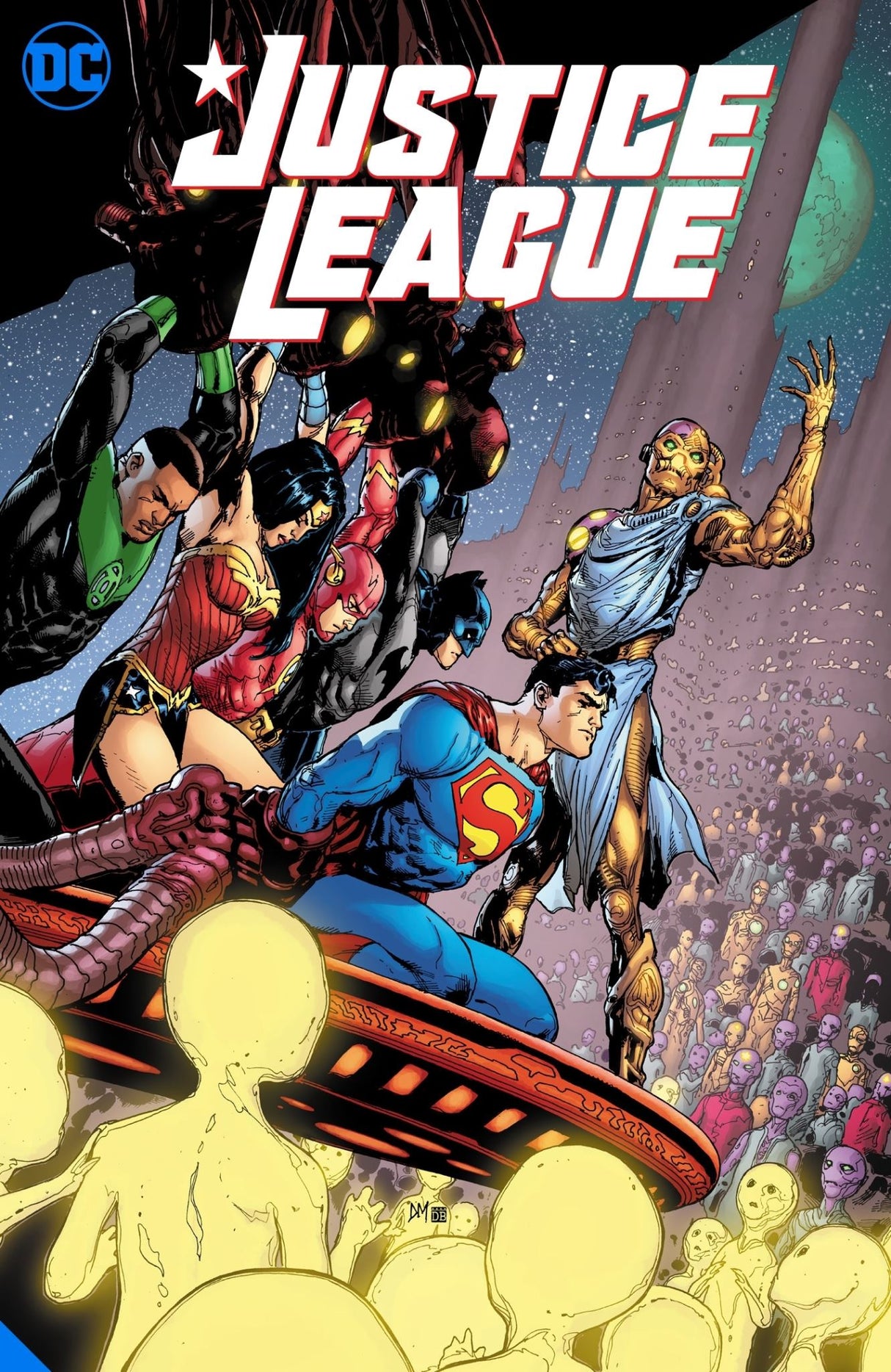 Graphic novel cover of 'Justice League: Galaxy of Terrors' featuring iconic heroes in a cosmic battle with new alien species.