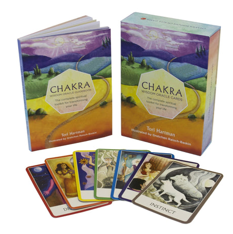 Illustrated Chakra Wisdom Oracle Cards designed for spiritual exploration and intuitive guidance, featuring 49 unique cards.