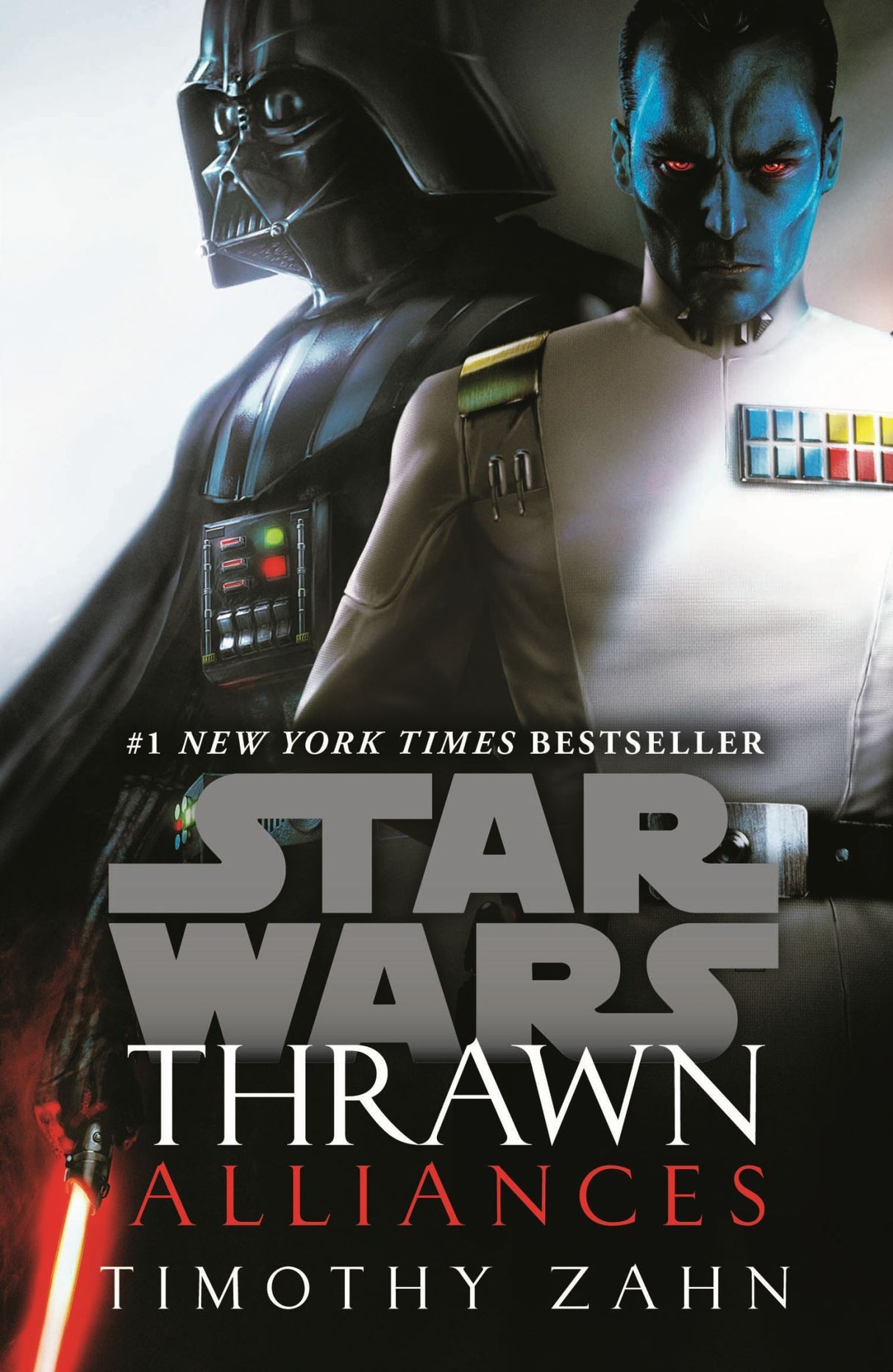 Book cover of 'Thrawn: Alliances' featuring Grand Admiral Thrawn and Darth Vader amidst a galactic backdrop of conflict.