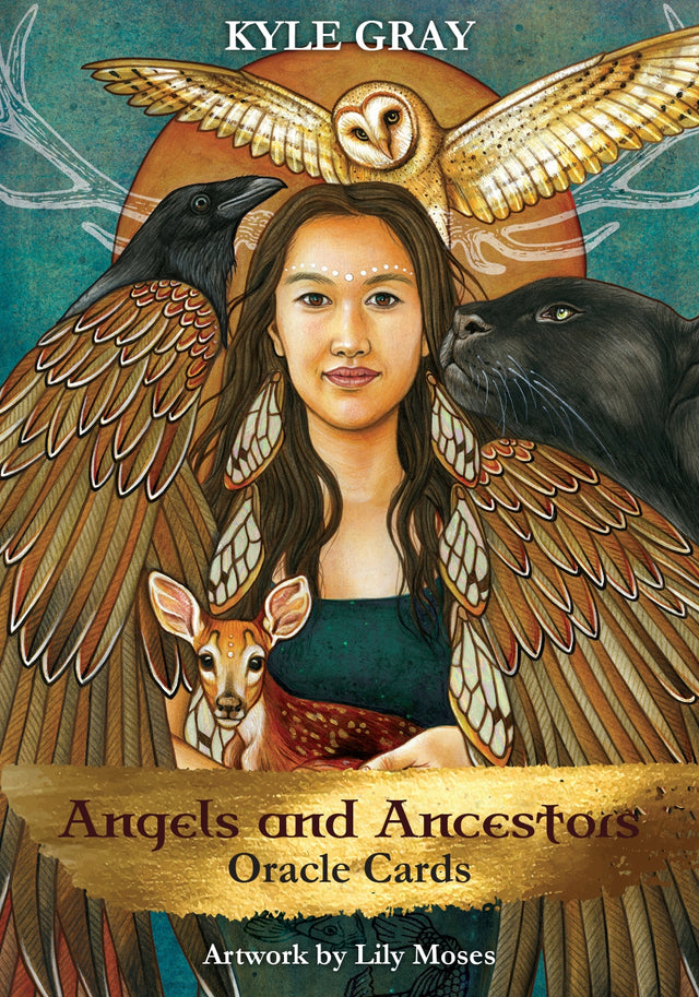 Illustrated deck of Angels and Ancestors Oracle Cards for spiritual guidance, featuring divine messages and ancestral wisdom.