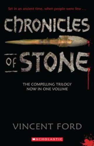Book cover of "The Chronicles of Stone," depicting early Americas, Clovis points, and twins Souk and Trei on an adventure.