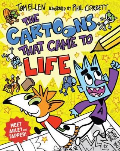 A vibrant storybook cover featuring young artist Finn and his cartoon heroes, Arley and Tapper, embodying a magical adventure.