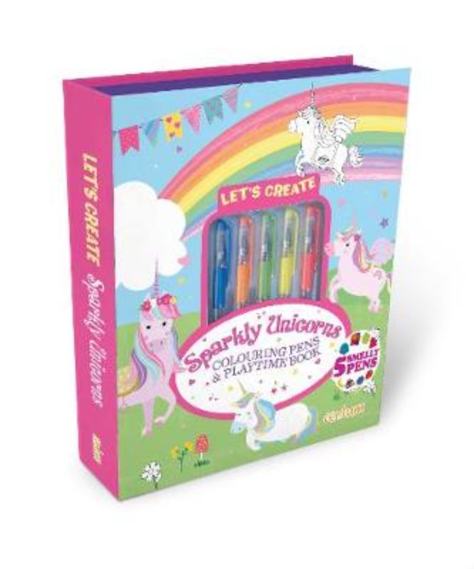 Activity kit featuring a 64-page unicorn coloring book and five vibrant markers for creative fun.