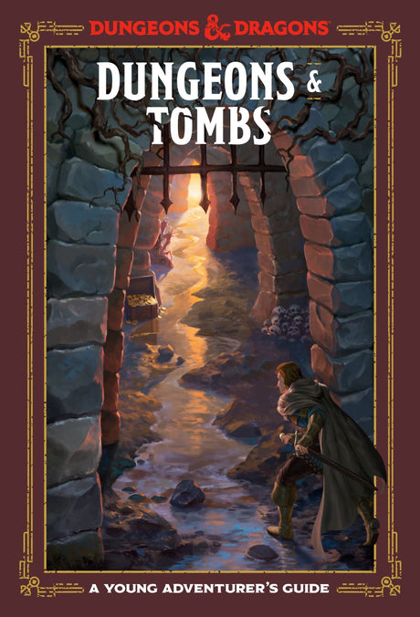 Illustrated guidebook 'Dungeons & Tombs' for new D&D players, featuring maps and challenges in fantasy role-playing adventures.