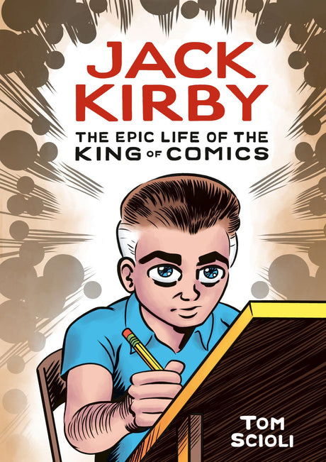 Illustrated comic book biography of Jack Kirby, highlighting his life, artistic evolution, and impact on pop culture.