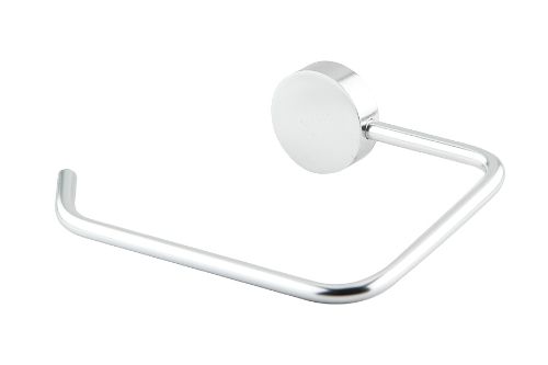 Sleek bright silver adhesive toilet roll holder made of aluminium; easy to install without drilling, perfect for any bathroom.