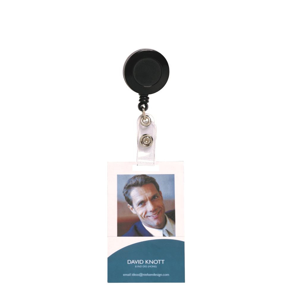 Black Rexel ID retractable card holder with strap, features a durable clip and nylon cord extending up to 75cm for easy access.