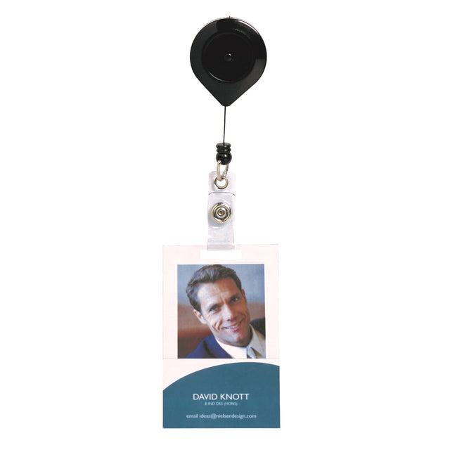 Rexel retractable ID card holder with strap lock and nylon cord, securely attaches to clothing for easy access to ID.