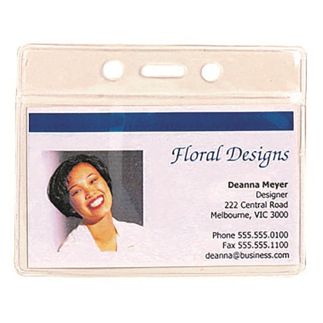 Rexel ID Pouch Soft Landscape 94x78mm 10-pack for securely displaying ID cards, pre-punched for easy attachment.