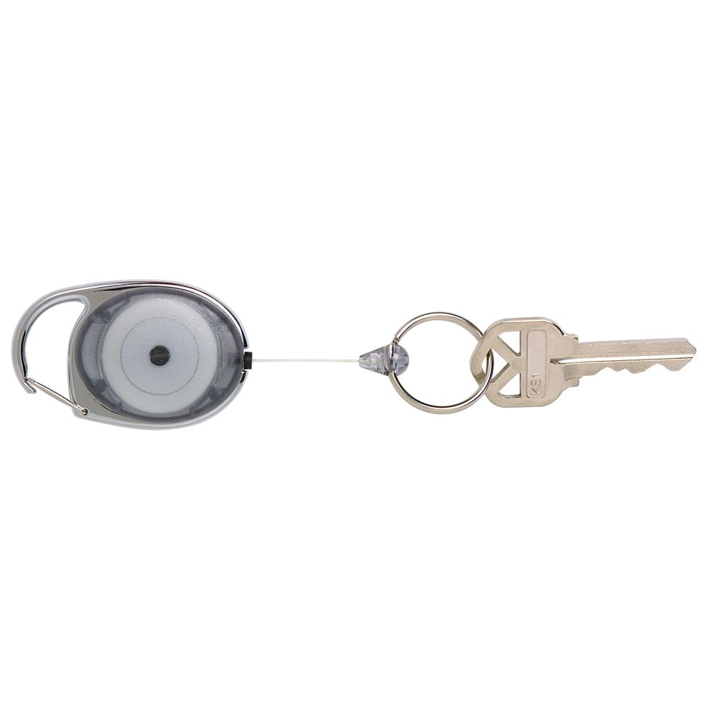 Rexel retractable snap lock key holder in charcoal, features 25mm key ring and 60cm extendable cord for easy access.