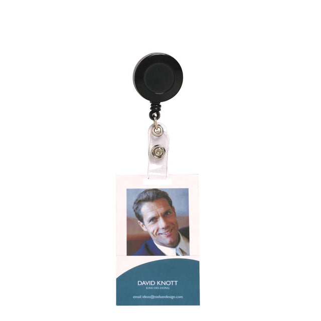 Black Rexel ID retractable card holder with strap, featuring a durable nylon cord and clip for easy access to ID badges.