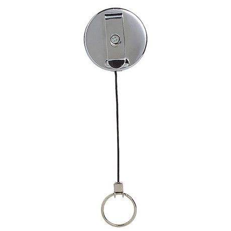 Rexel Metal Retractable Key Holder with Ring, featuring a clip, retractable cord, and key ring for easy access and security.