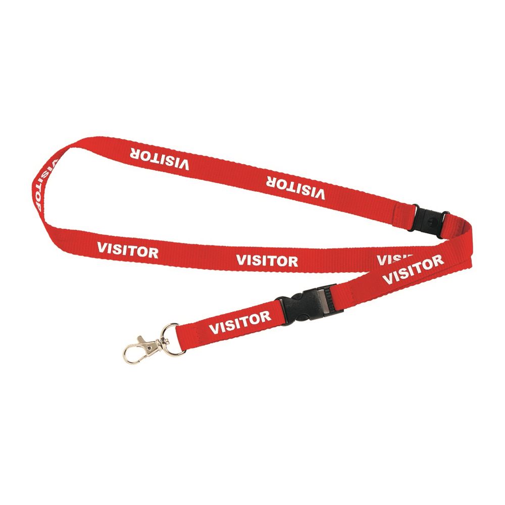 Rexel Id Pre-Printed Visitor Lanyard 5pk with bold "Visitor" and "Staff" labels, featuring safety breakaway mechanism and swivel attachment.