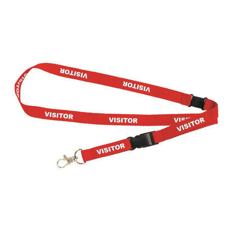 Rexel Id Pre-Printed Visitor Lanyard 5pk with bold "Visitor" and "Staff" labels, featuring safety breakaway mechanism and swivel attachment.