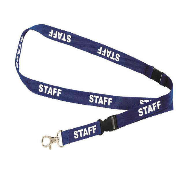 Durable lanyards with bold "Staff" or "Visitor" print; safety breakaway feature for secure identification.