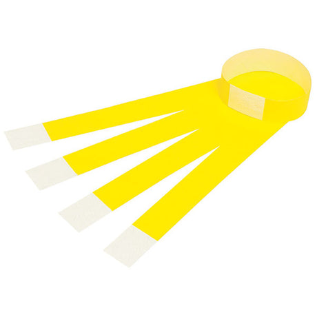 Bright fluoro yellow waterproof wristbands in a pack of 100, ideal for crowd management and identification at events.