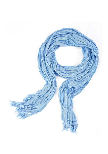 Ladies Monotone Knitted Scarf in Alaskan Blue, featuring crimped texture and fringed edges, perfect for stylish warmth.