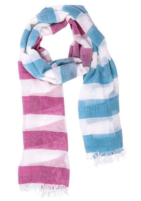 Ladies two-tone scarf featuring a Melon and Alaskan Blue design with fringed edges, made from a soft fabric blend.