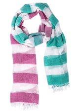 Ladies two-tone scarf in vibrant melon and dynasty green, featuring fringed edges and a soft, lightweight fabric.