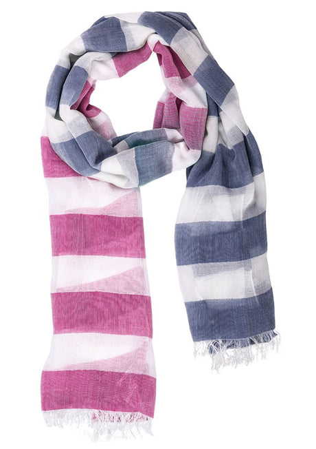 Soft two-tone scarf in melon and patriot blue, featuring trendy fringes, perfect for year-round layering and stylish outfits.