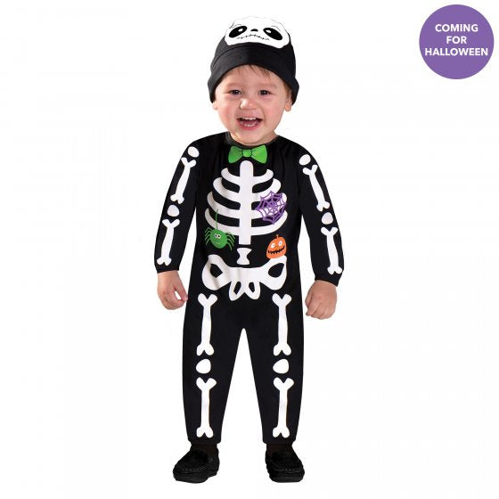 Adorable infant skeleton jumpsuit and hat set for Halloween, featuring soft fabric and charming bone prints for cozy dress-up fun.