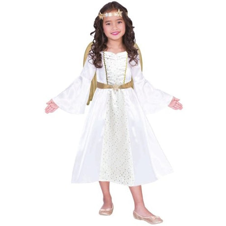 A charming angel costume for girls aged 5-6 featuring a shimmering dress, lightweight wings, and an elegant headpiece.