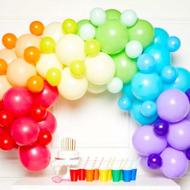 Rainbow Balloon Garland Kit with 78 vibrant latex balloons, ideal for festive celebrations, including birthday and baby showers.