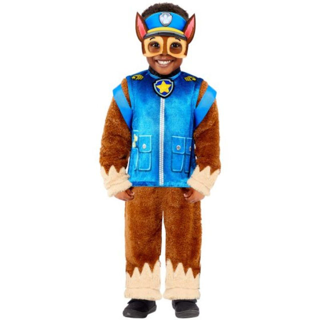 Child in plush Paw Patrol Chase costume with mask and backpack, perfect for dress-up play and imaginative adventures.